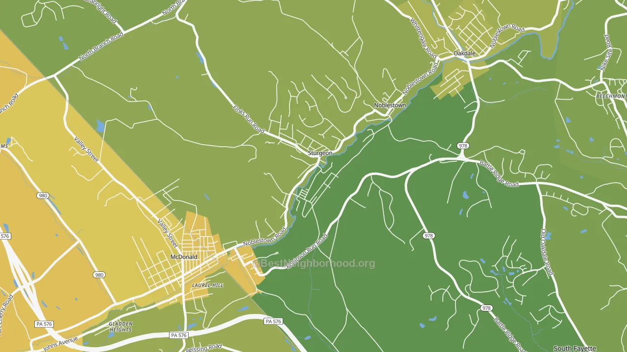 Map of the best neighborhoods in the Sturgeon area, with better matches in green and worse matches in red