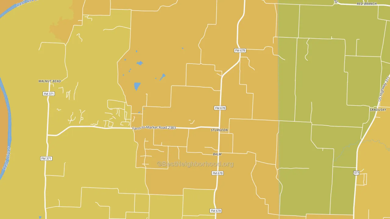 Map of the best neighborhoods in the Sturgeon area, with better matches in green and worse matches in red