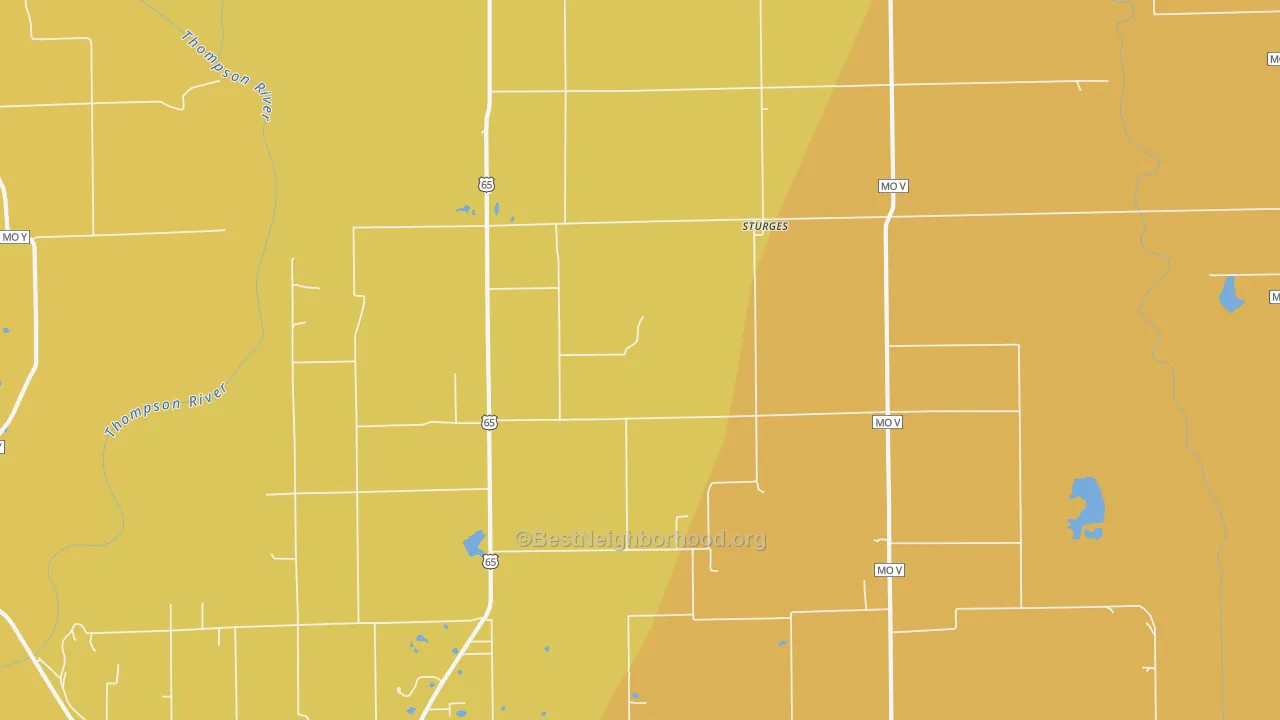 Map of the best neighborhoods in the Sturges area, with better matches in green and worse matches in red