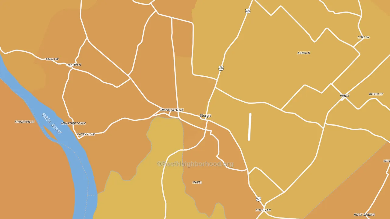 Map of the best neighborhoods in the Sturgis area, with better matches in green and worse matches in red