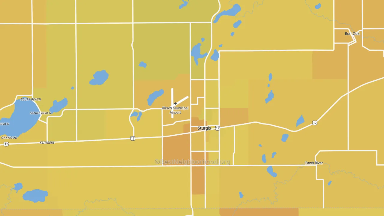 Map of the best neighborhoods in the Sturgis area, with better matches in green and worse matches in red