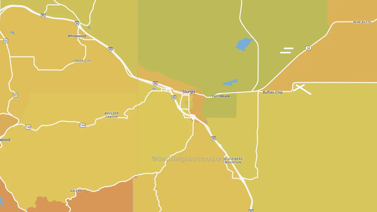 Map of the best neighborhoods in the Sturgis area, with better matches in green and worse matches in red