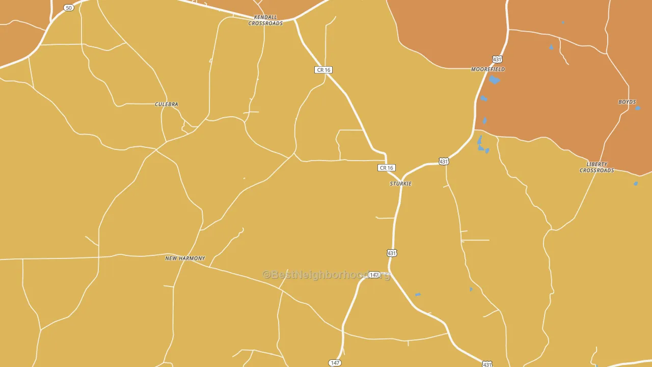 Map of the best neighborhoods in the Sturkie area, with better matches in green and worse matches in red