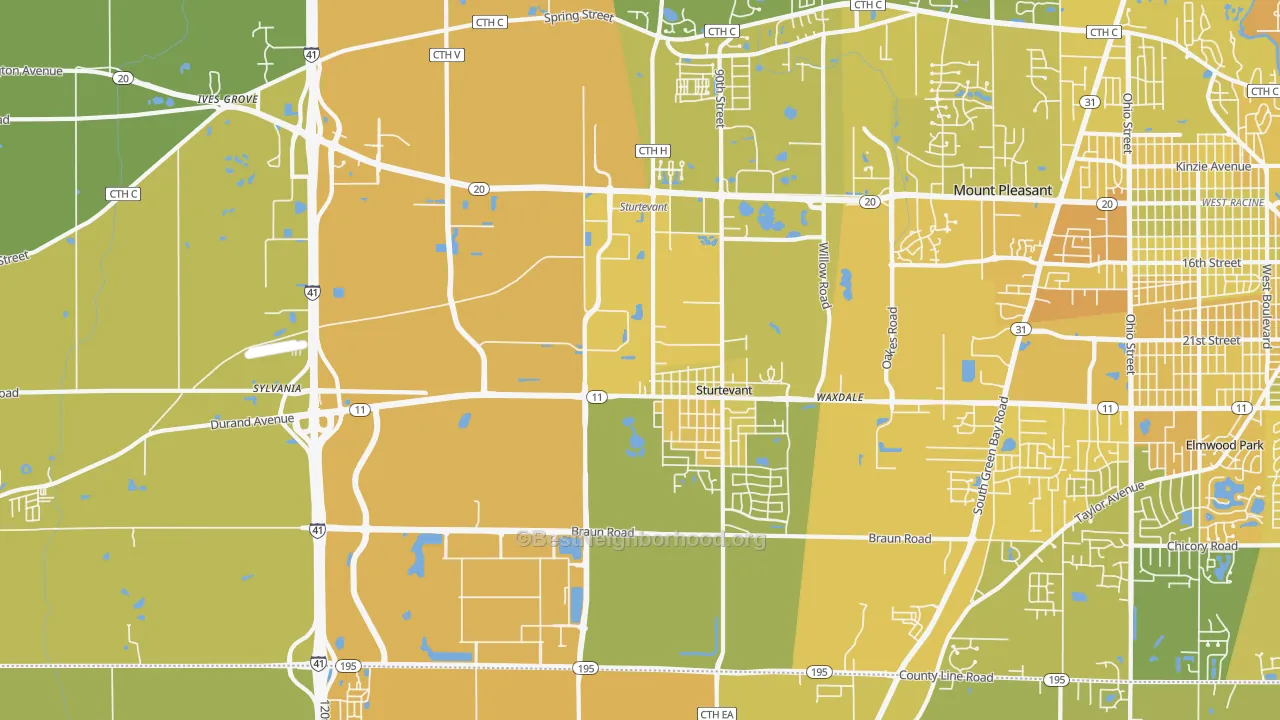 Map of the best neighborhoods in the Sturtevant area, with better matches in green and worse matches in red