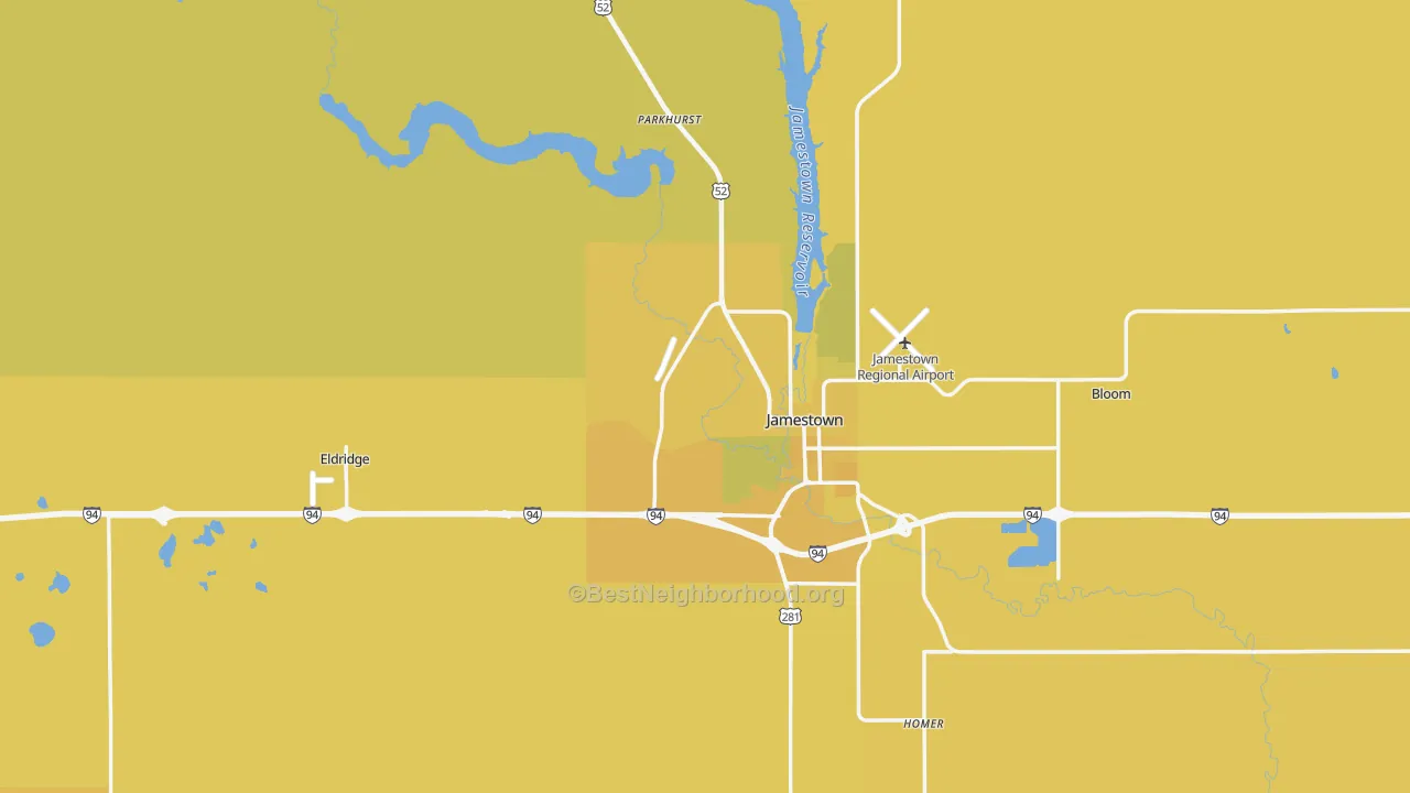 Map of the best neighborhoods in the Stutsman County area, with better matches in green and worse matches in red