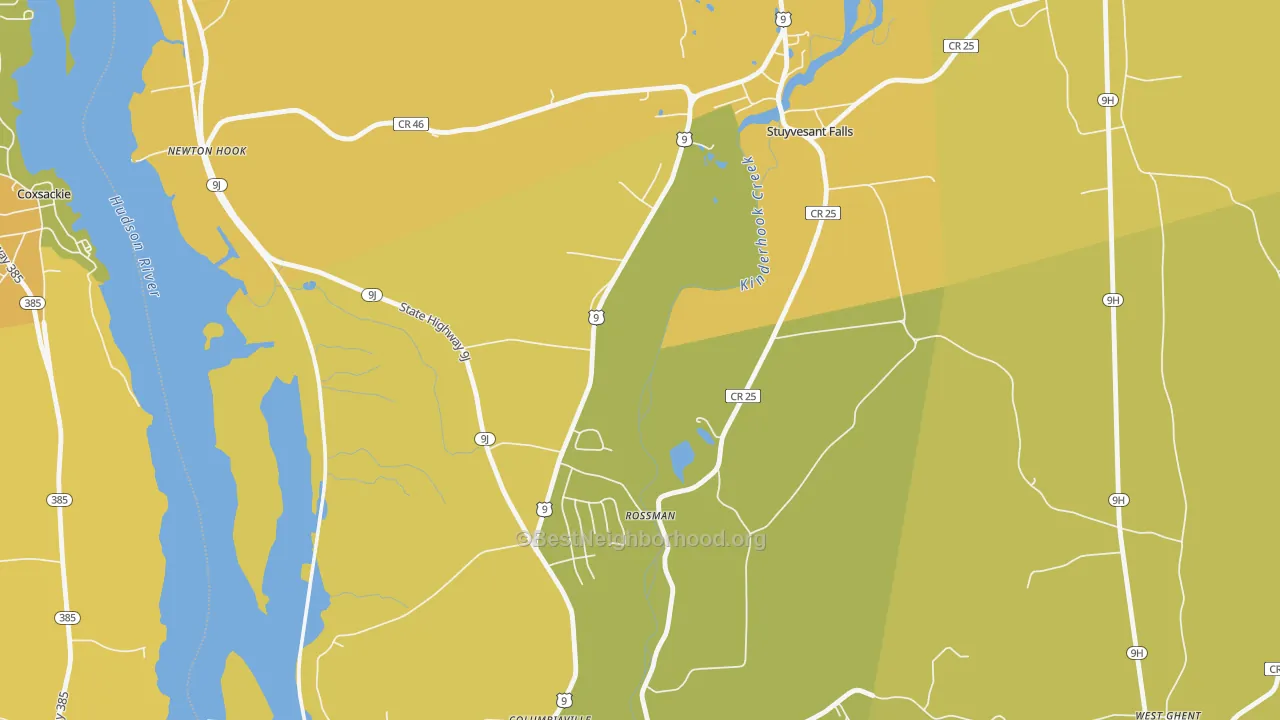 Map of the best neighborhoods in the Stuyvesant Falls area, with better matches in green and worse matches in red