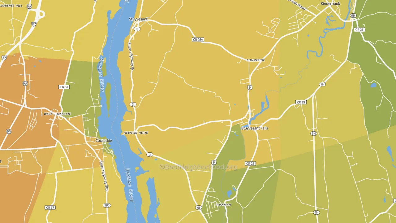 Map of the best neighborhoods in the Stuyvesant area, with better matches in green and worse matches in red