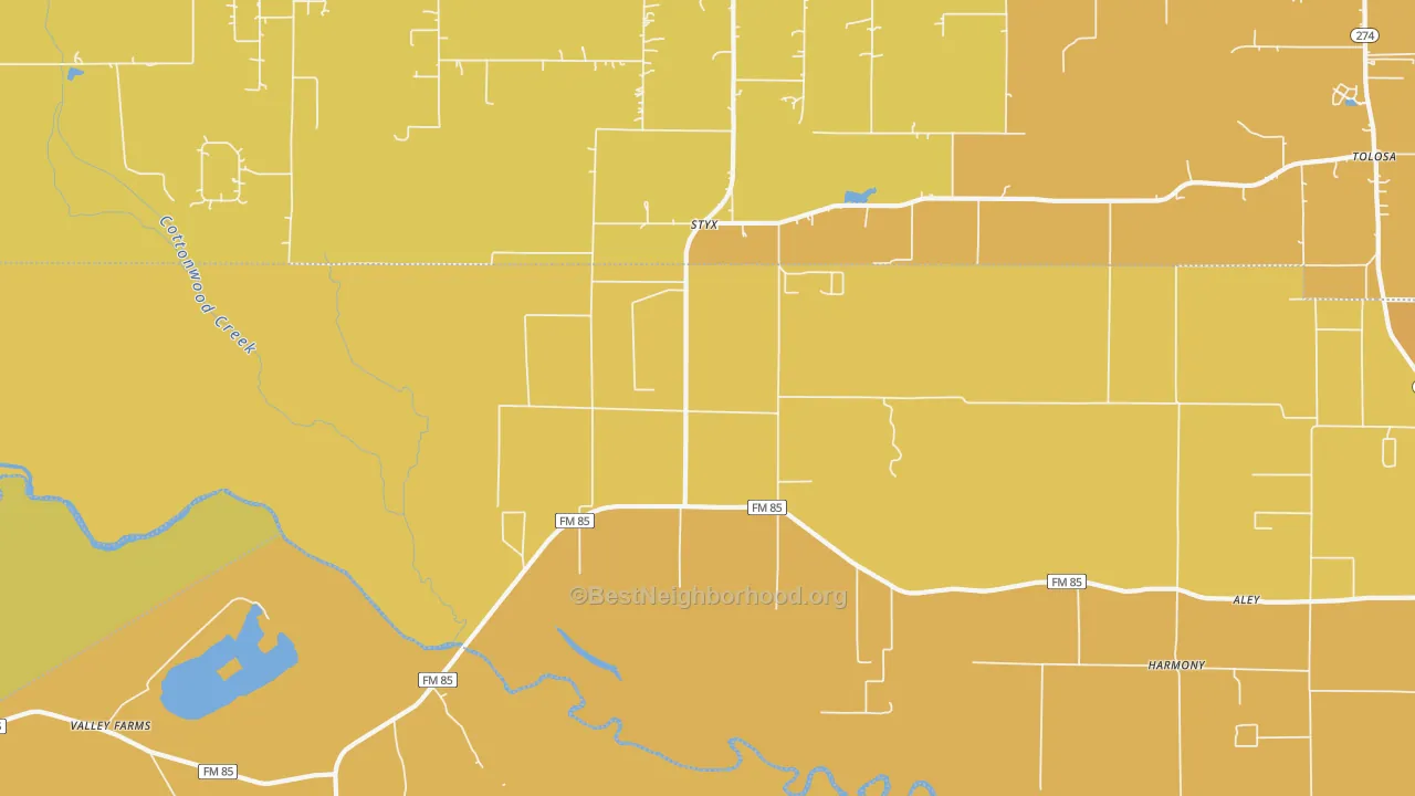 Map of the best neighborhoods in the Styx area, with better matches in green and worse matches in red