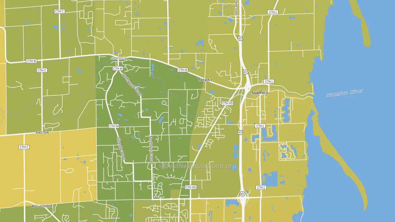 Map of the best neighborhoods in the Suamico area, with better matches in green and worse matches in red