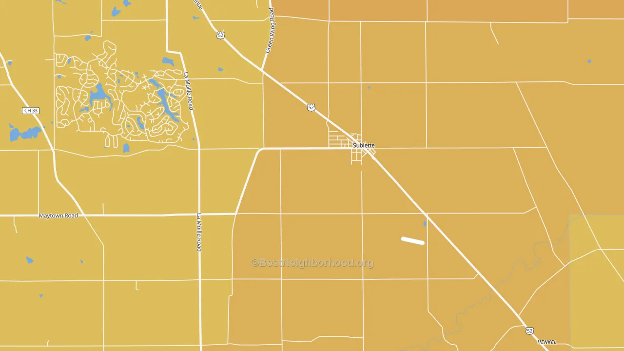 Map of the best neighborhoods in the Sublette area, with better matches in green and worse matches in red