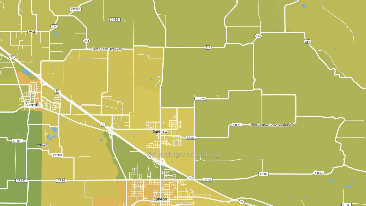 Map of the best neighborhoods in the Sublimity area, with better matches in green and worse matches in red