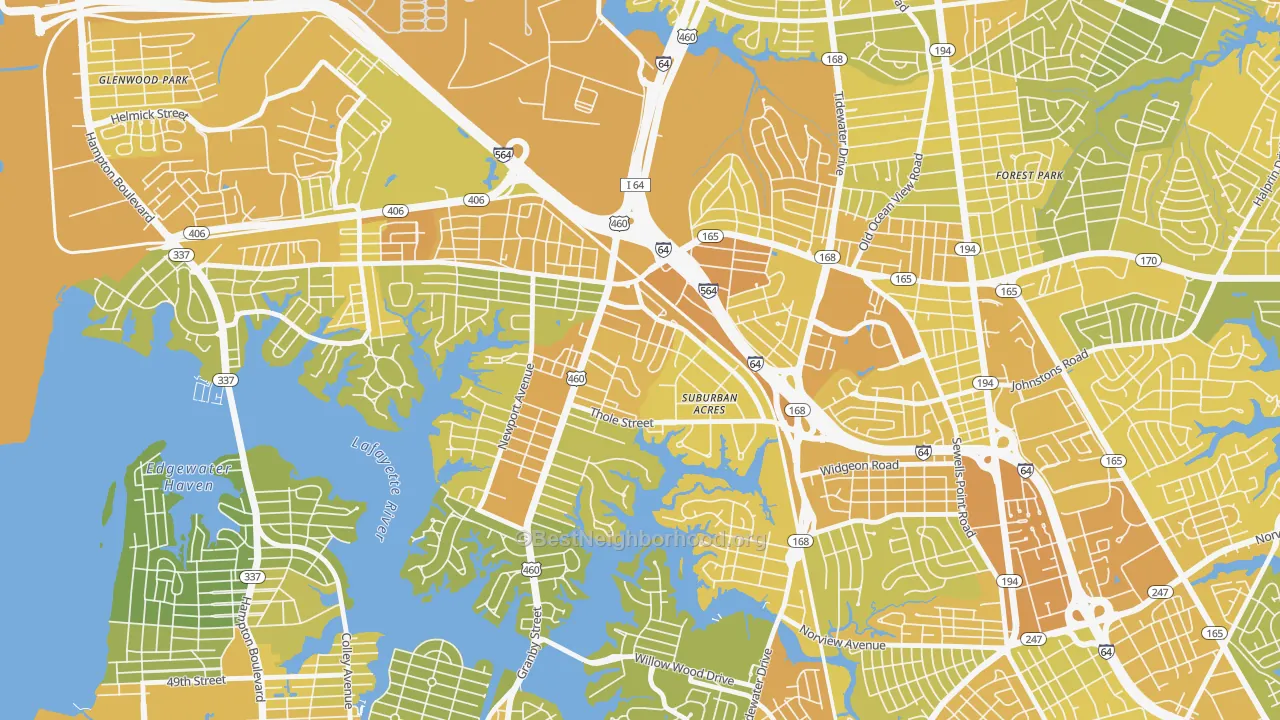 Map of the best neighborhoods in the Suburban Acres, Norfolk area, with better matches in green and worse matches in red
