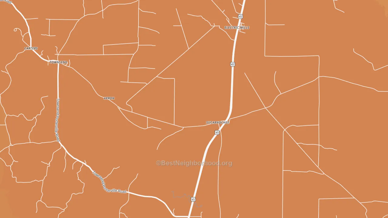 Map of the best neighborhoods in the Sucarnoochee area, with better matches in green and worse matches in red