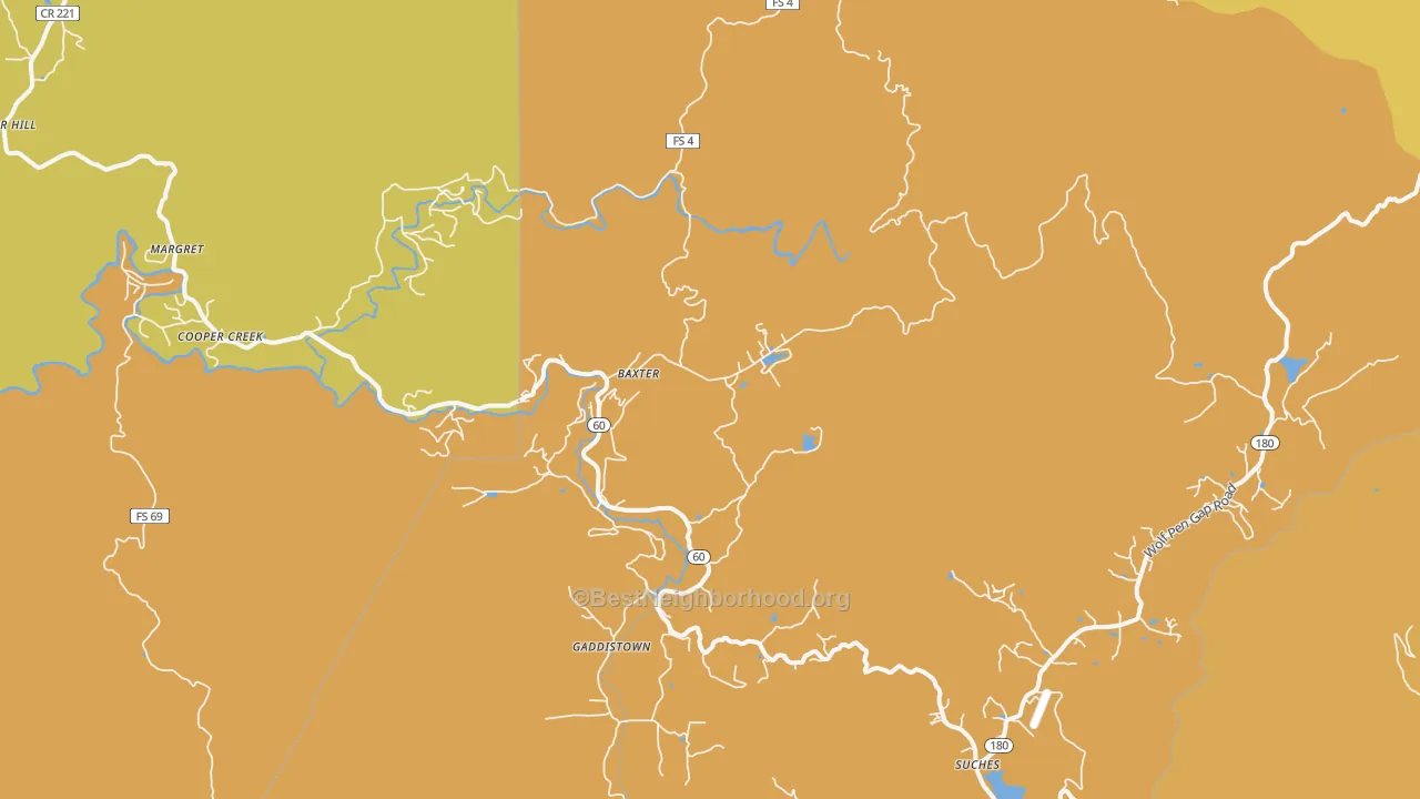 Map of the best neighborhoods in the Suches area, with better matches in green and worse matches in red
