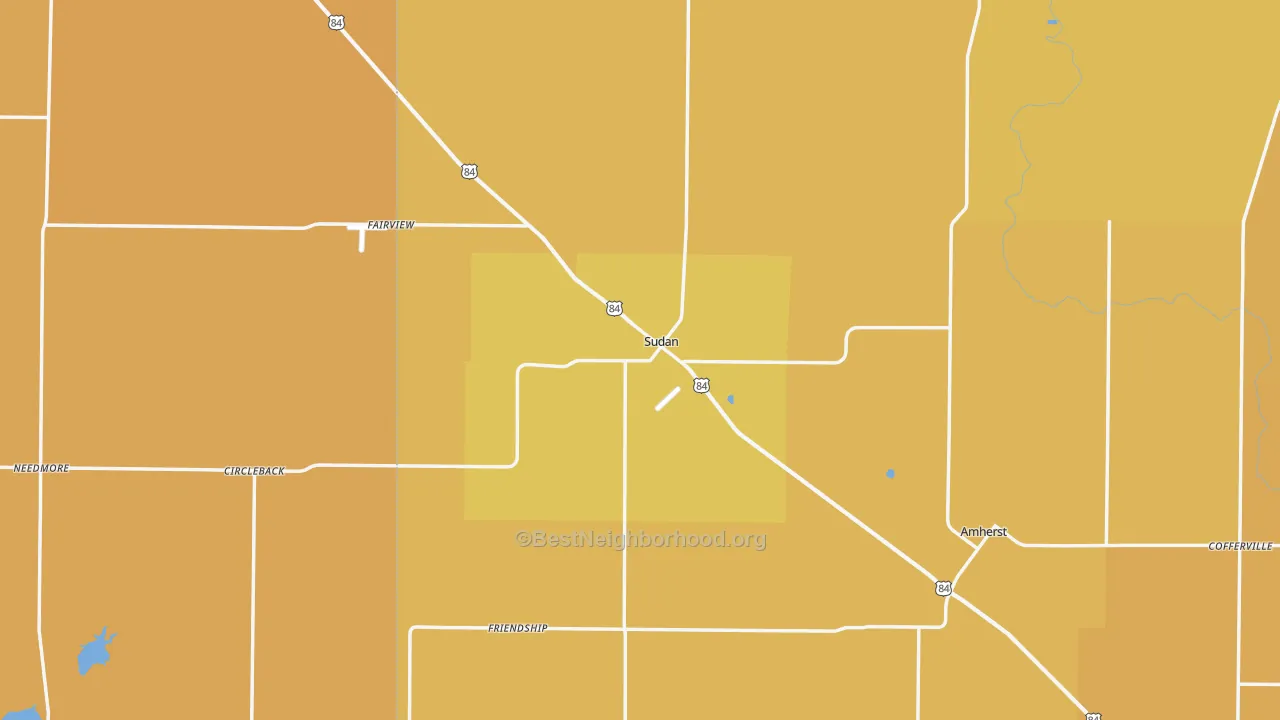 Map of the best neighborhoods in the Sudan area, with better matches in green and worse matches in red