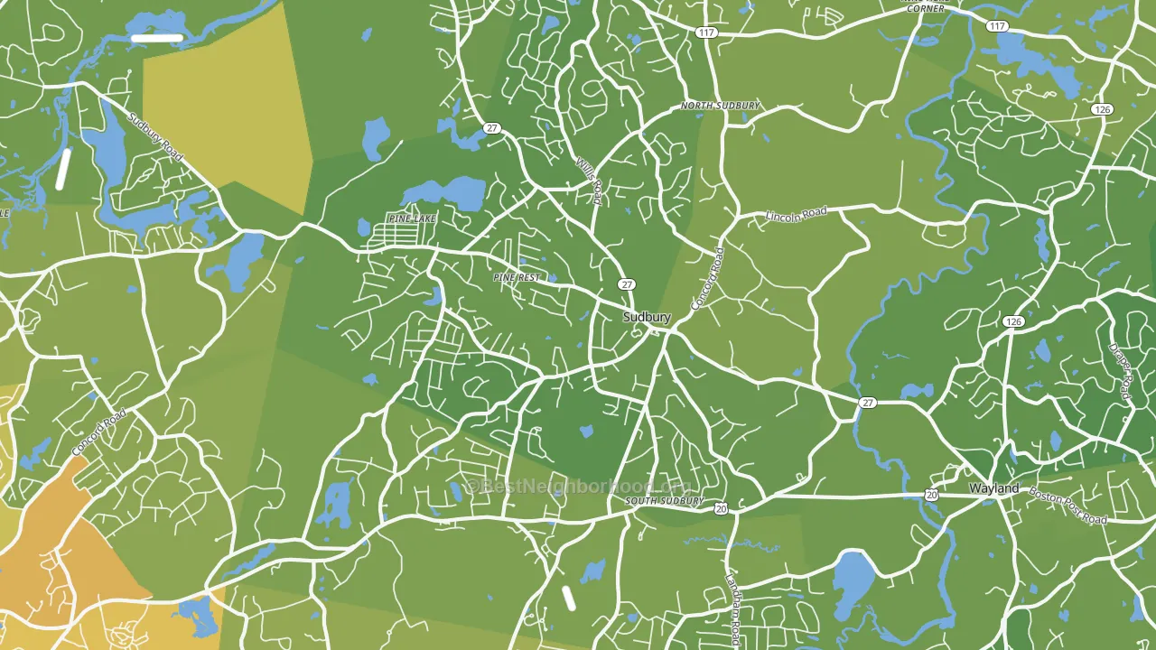 Map of the best neighborhoods in the Sudbury area, with better matches in green and worse matches in red