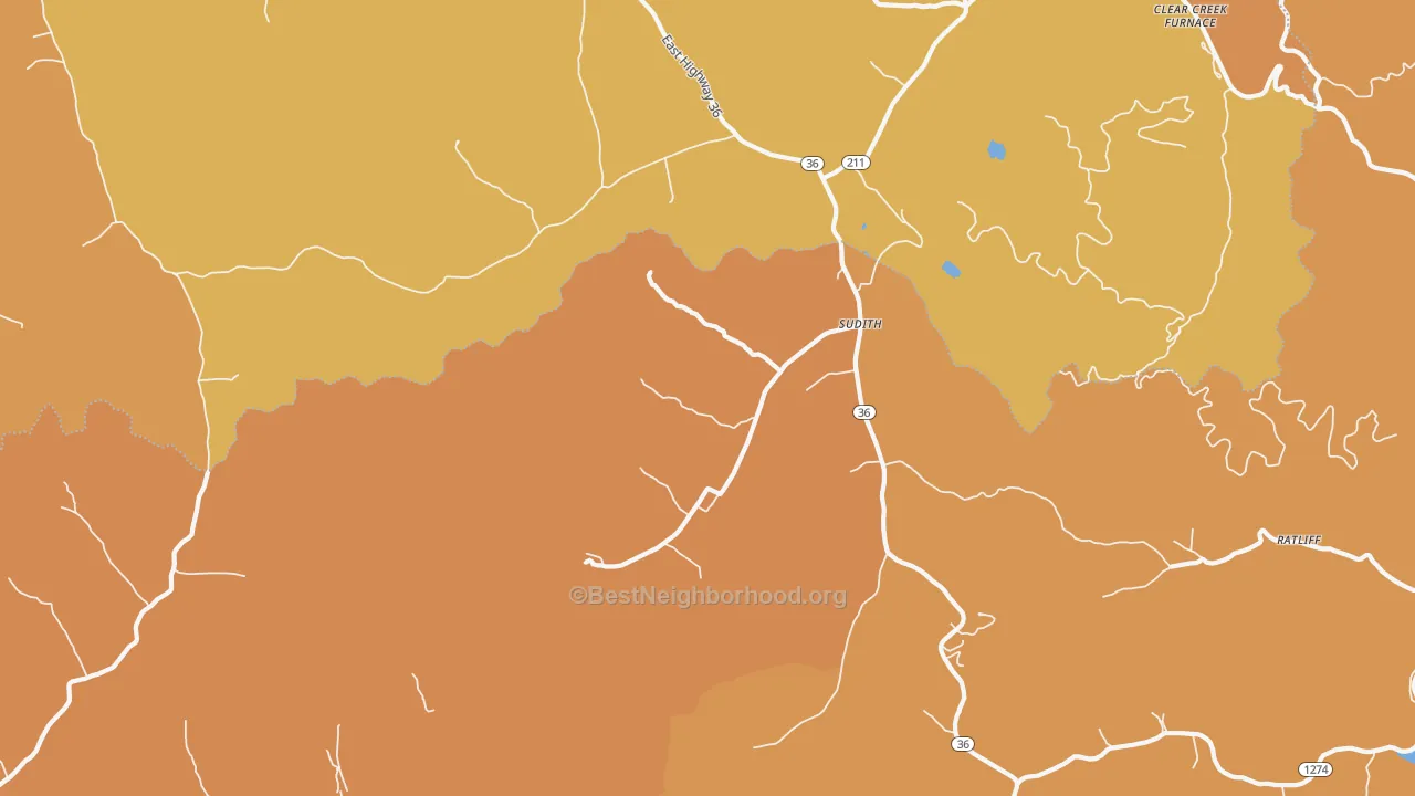 Map of the best neighborhoods in the Sudith area, with better matches in green and worse matches in red