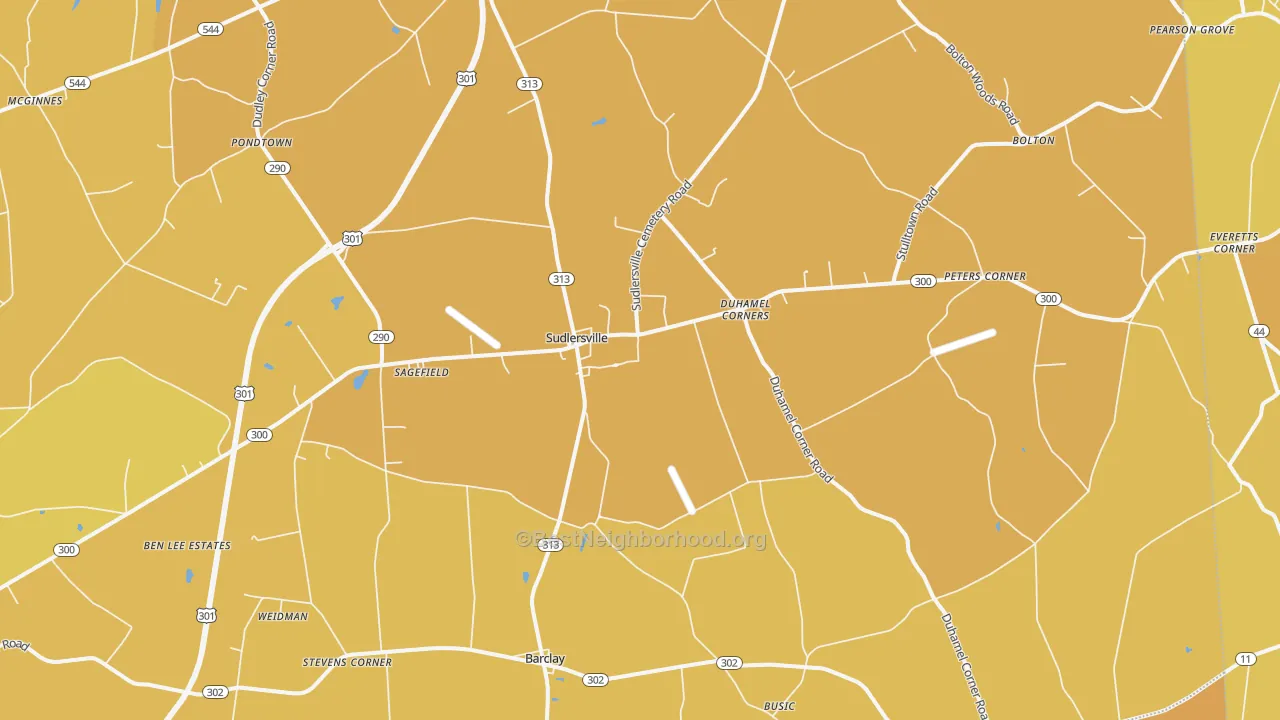 Map of the best neighborhoods in the Sudlersville area, with better matches in green and worse matches in red