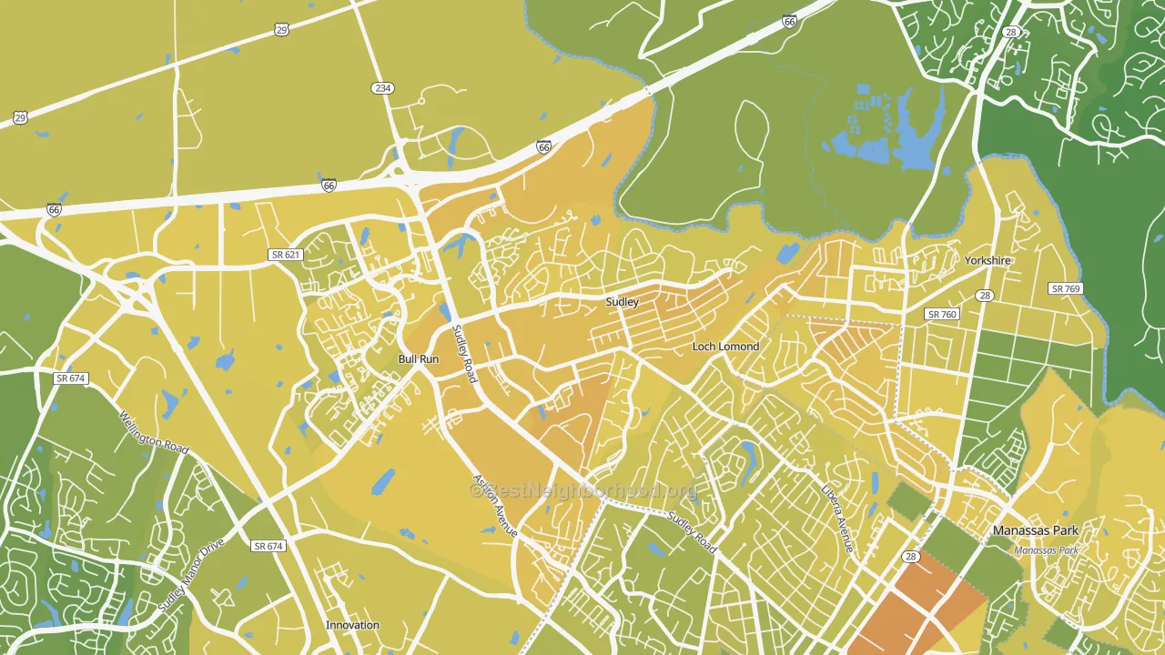 Map of the best neighborhoods in the Sudley area, with better matches in green and worse matches in red
