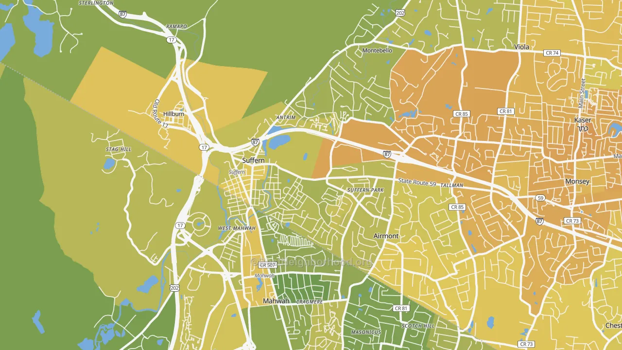 Map of the best neighborhoods in the Suffern area, with better matches in green and worse matches in red