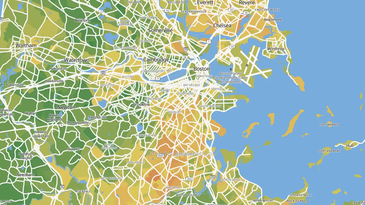 Map of the best neighborhoods in the Suffolk County area, with better matches in green and worse matches in red