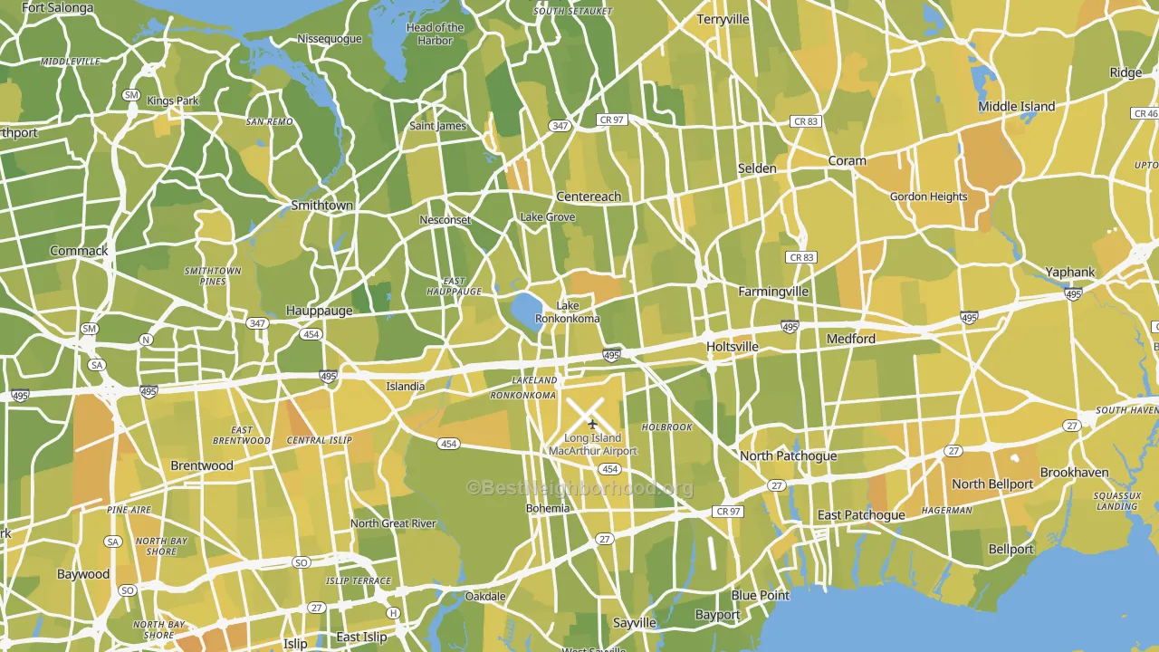 Map of the best neighborhoods in the Suffolk County area, with better matches in green and worse matches in red