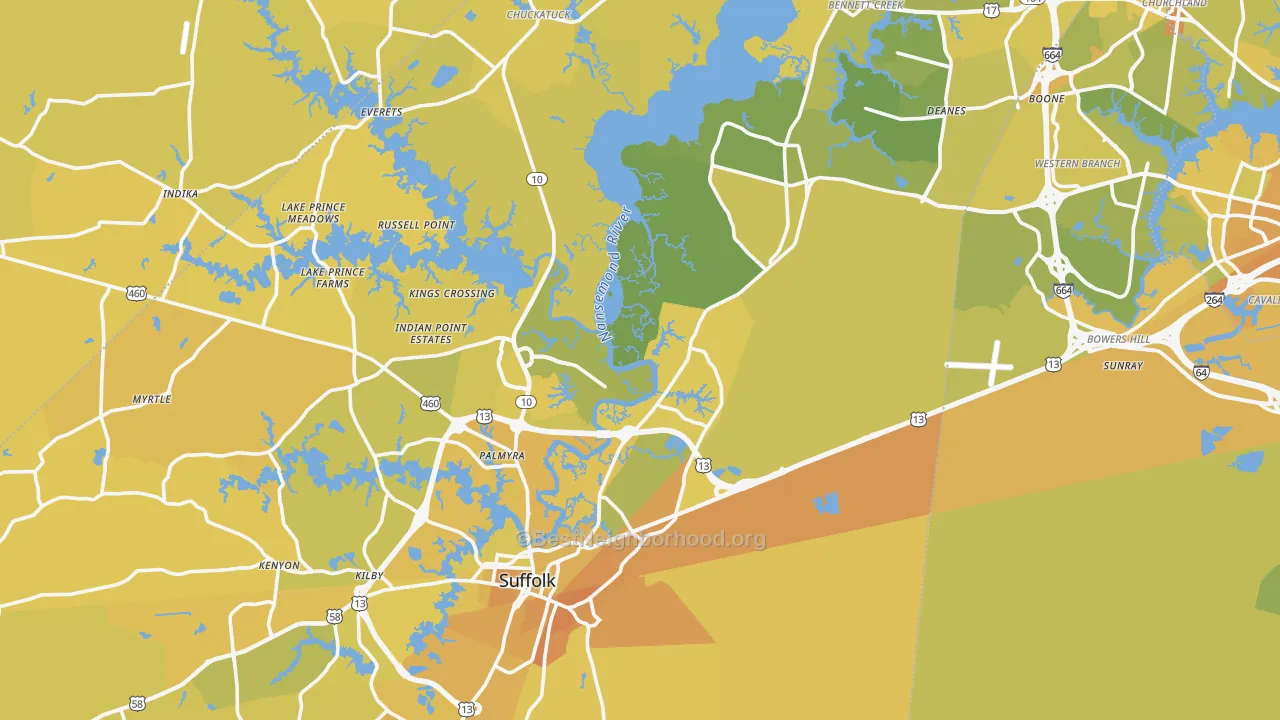 Map of the best neighborhoods in the Suffolk area, with better matches in green and worse matches in red
