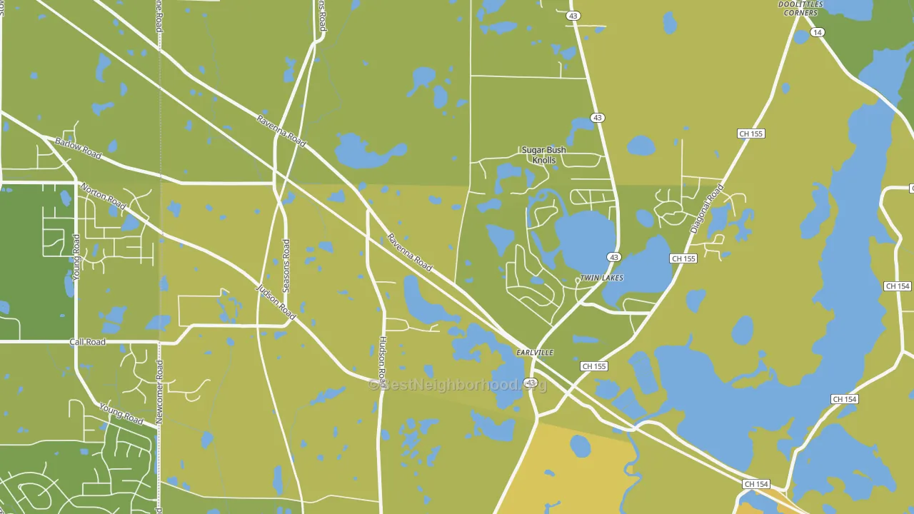 Map of the best neighborhoods in the Sugar Bush Knolls area, with better matches in green and worse matches in red