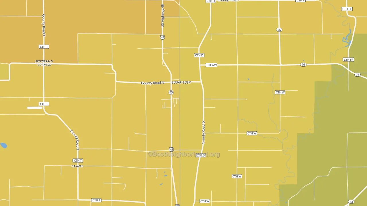 Map of the best neighborhoods in the Sugar Bush area, with better matches in green and worse matches in red