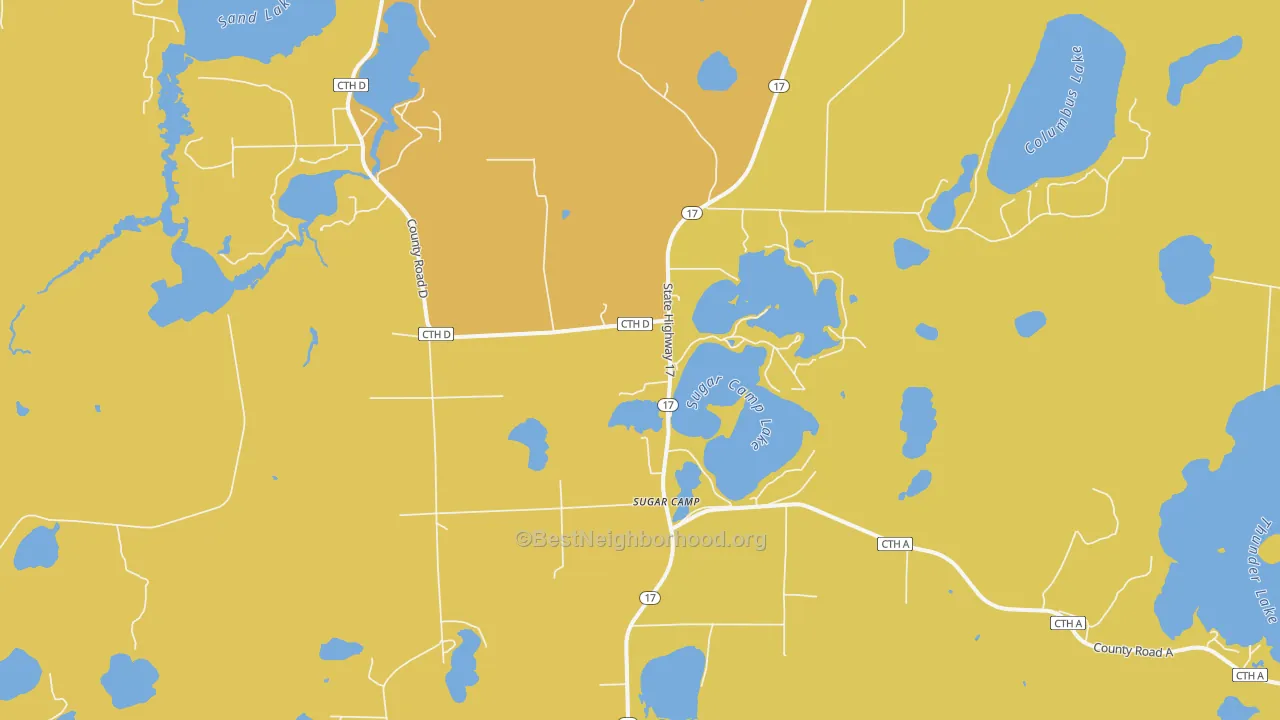 Map of the best neighborhoods in the Sugar Camp area, with better matches in green and worse matches in red