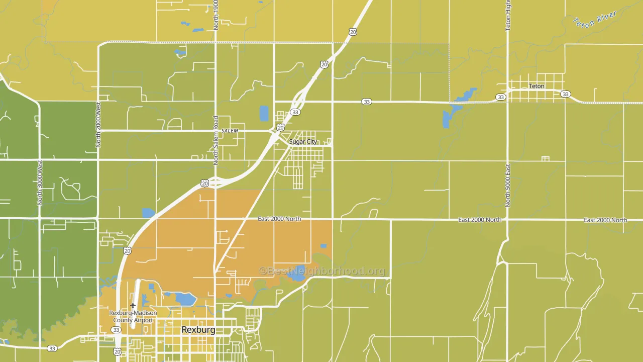 Map of the best neighborhoods in the Sugar City area, with better matches in green and worse matches in red