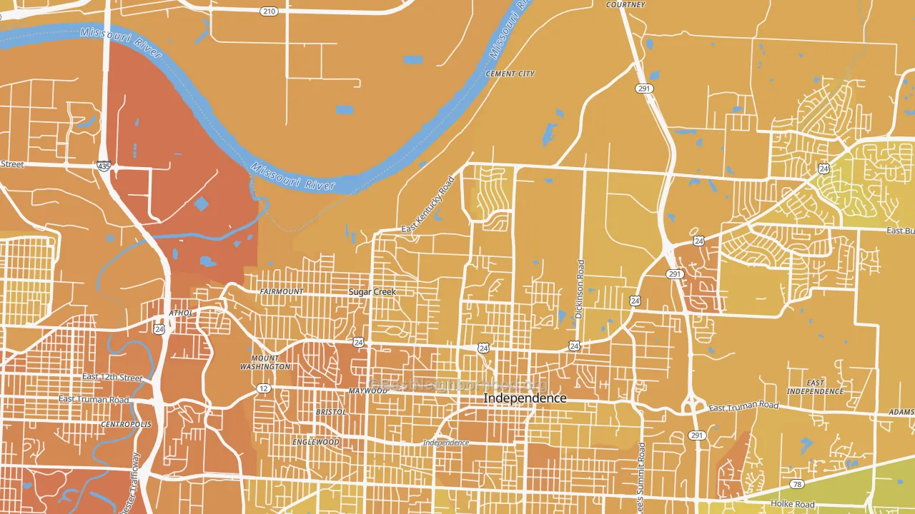 Map of the best neighborhoods in the Sugar Creek area, with better matches in green and worse matches in red