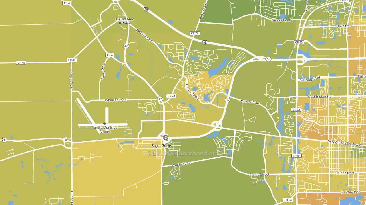 Map of the best neighborhoods in the Sugar Grove area, with better matches in green and worse matches in red