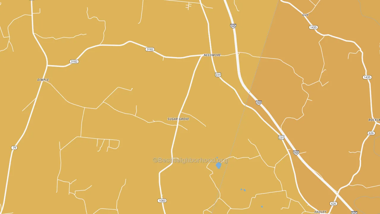 Map of the best neighborhoods in the Sugar Grove area, with better matches in green and worse matches in red