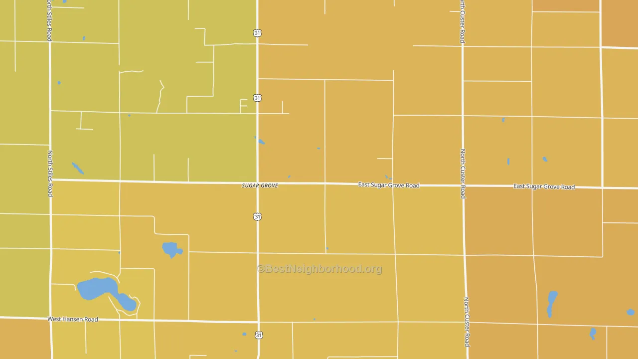 Map of the best neighborhoods in the Sugar Grove area, with better matches in green and worse matches in red