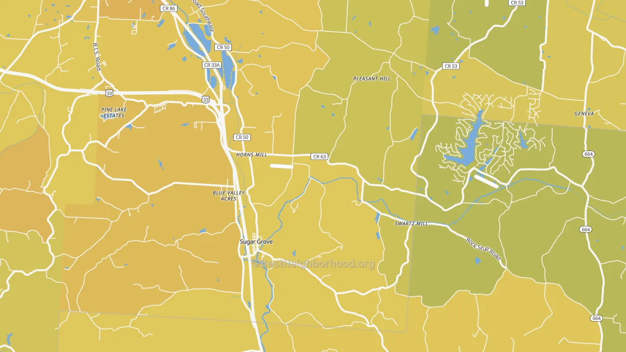 Map of the best neighborhoods in the Sugar Grove area, with better matches in green and worse matches in red