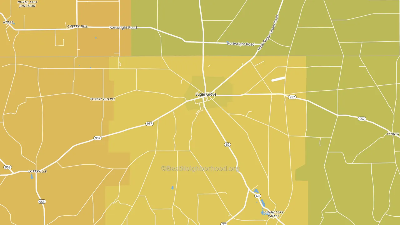 Map of the best neighborhoods in the Sugar Grove area, with better matches in green and worse matches in red