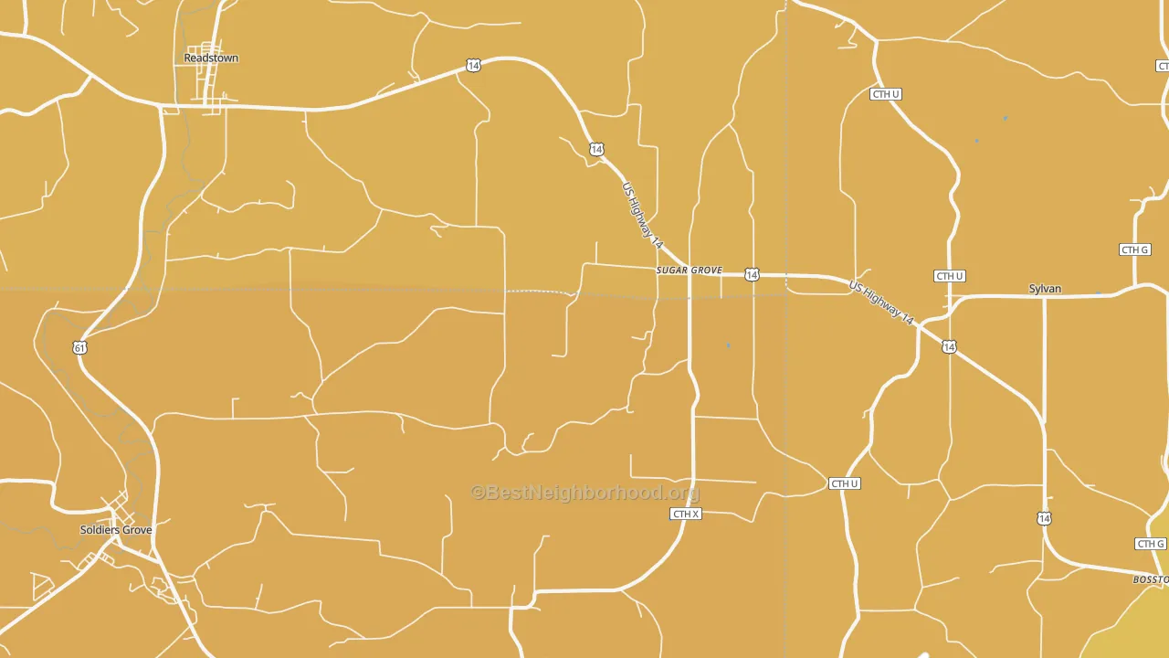 Map of the best neighborhoods in the Sugar Grove area, with better matches in green and worse matches in red