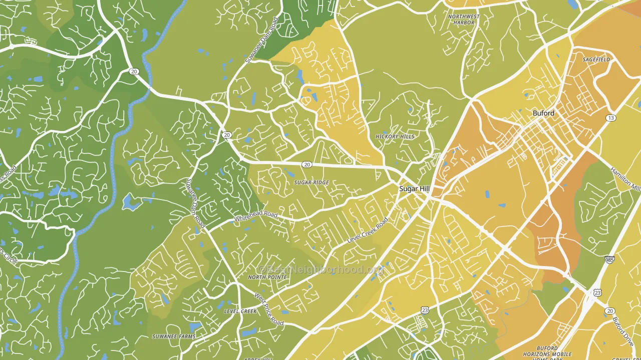 Map of the best neighborhoods in the Sugar Hill area, with better matches in green and worse matches in red