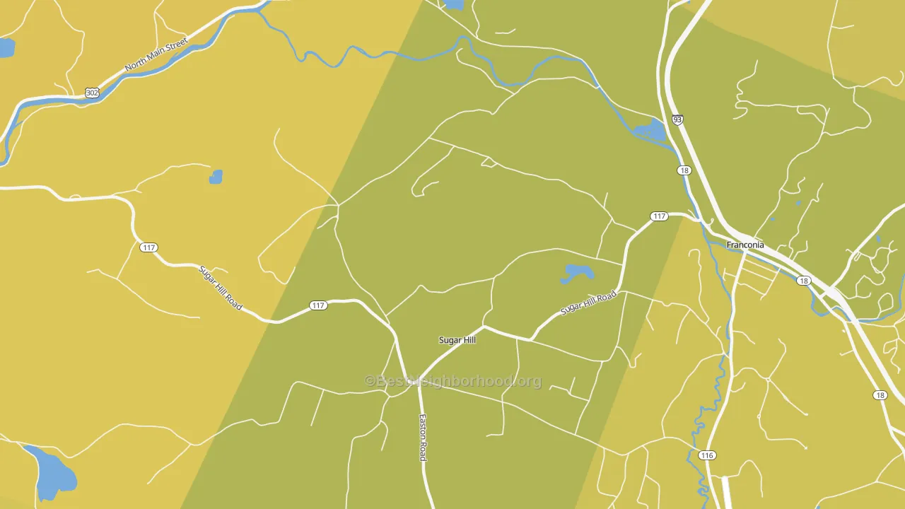 Map of the best neighborhoods in the Sugar Hill area, with better matches in green and worse matches in red