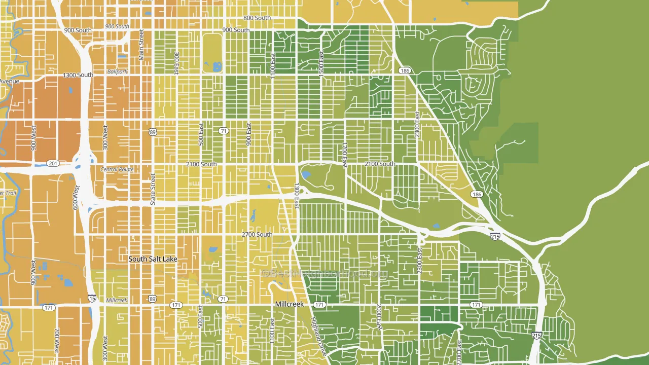 Map of the best neighborhoods in the Sugar House, Salt Lake City area, with better matches in green and worse matches in red