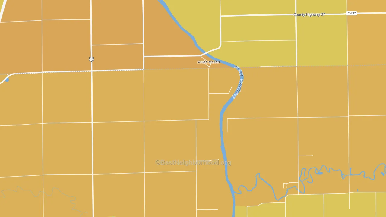 Map of the best neighborhoods in the Sugar Island area, with better matches in green and worse matches in red