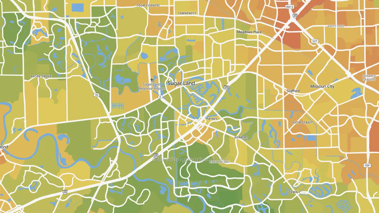 Map of the best neighborhoods in the Sugar Land area, with better matches in green and worse matches in red