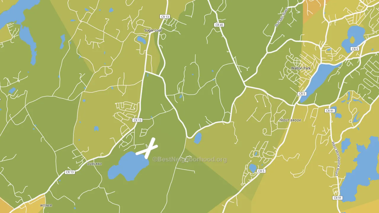 Map of the best neighborhoods in the Sugar Loaf area, with better matches in green and worse matches in red