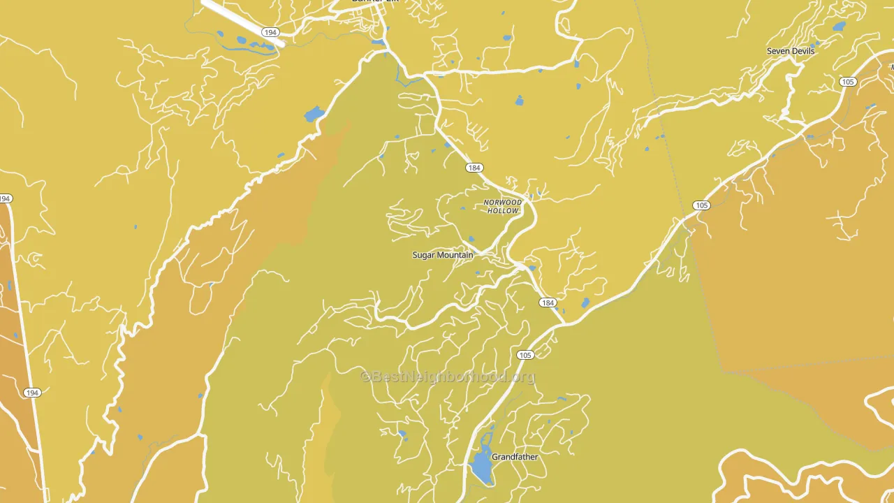 Map of the best neighborhoods in the Sugar Mountain area, with better matches in green and worse matches in red