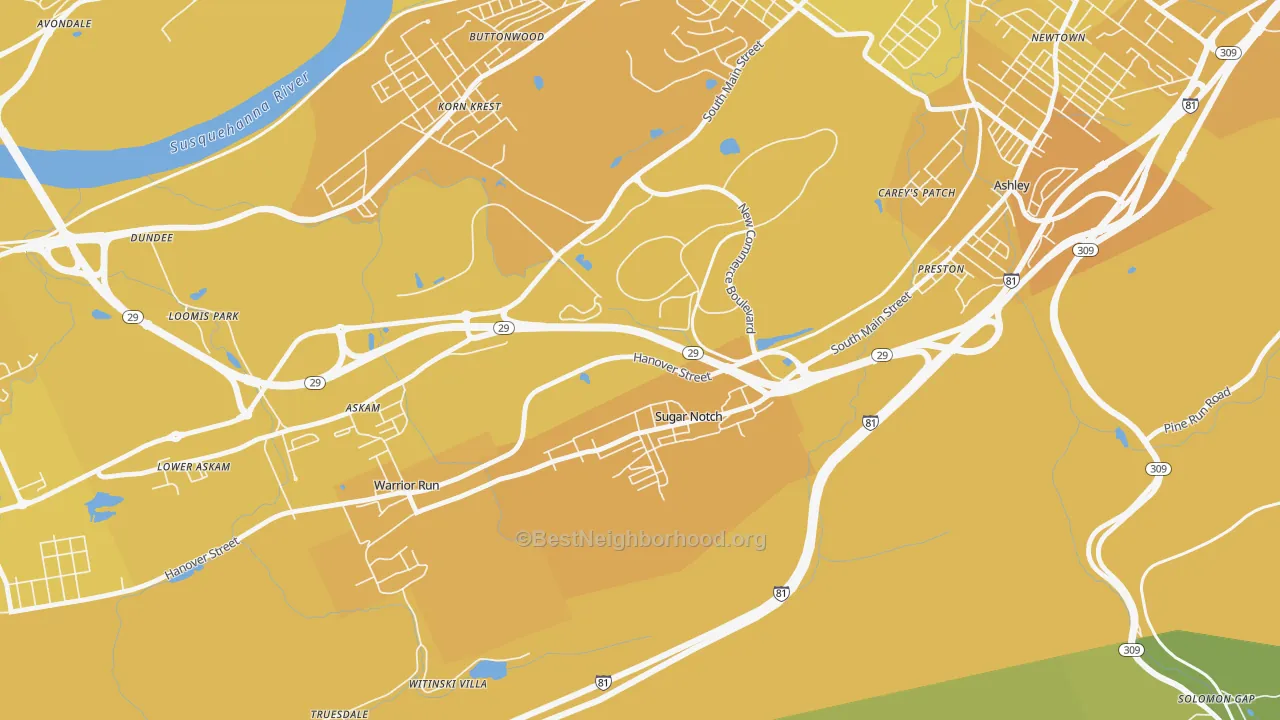 Map of the best neighborhoods in the Sugar Notch area, with better matches in green and worse matches in red