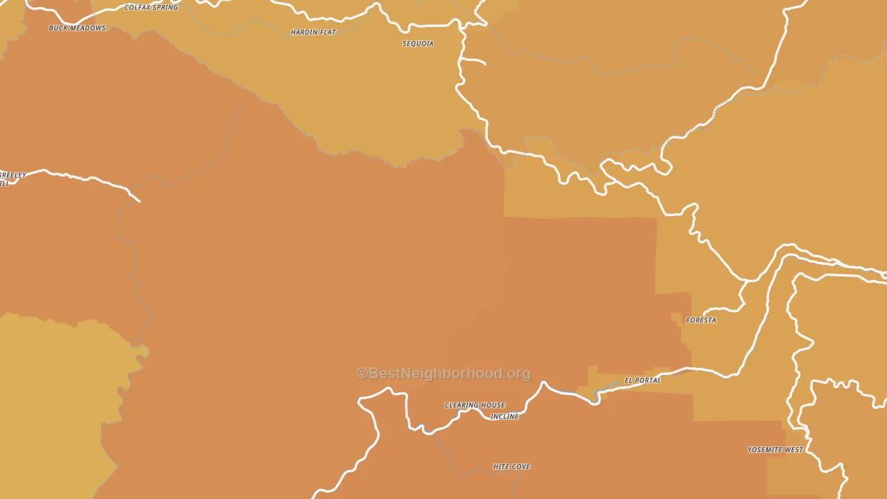 Map of the best neighborhoods in the Sugar Pine area, with better matches in green and worse matches in red