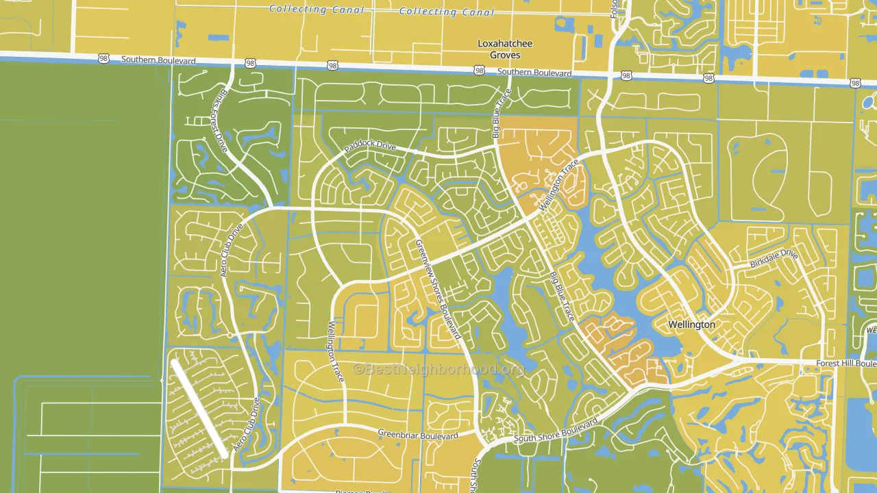 Map of the best neighborhoods in the Sugar Pond Manor of Wellington, Wellington area, with better matches in green and worse matches in red