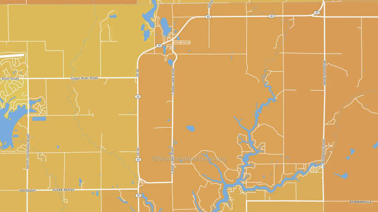 Map of the best neighborhoods in the Sugar Rapids area, with better matches in green and worse matches in red