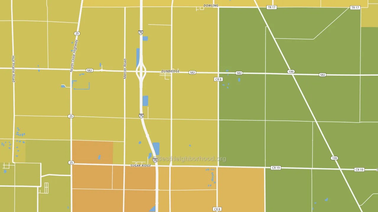 Map of the best neighborhoods in the Sugar Ridge area, with better matches in green and worse matches in red